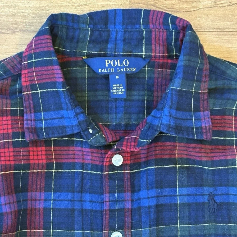 Polo Ralph Lauren Girls' Plaid Flannel Dress Size 16 Pockets Pony Logo No Belt
